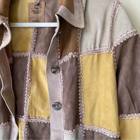 New Free People Suede Chore Patchwork Leather Jacket Edie Crochet Brown Tan - Picture 13 of 17